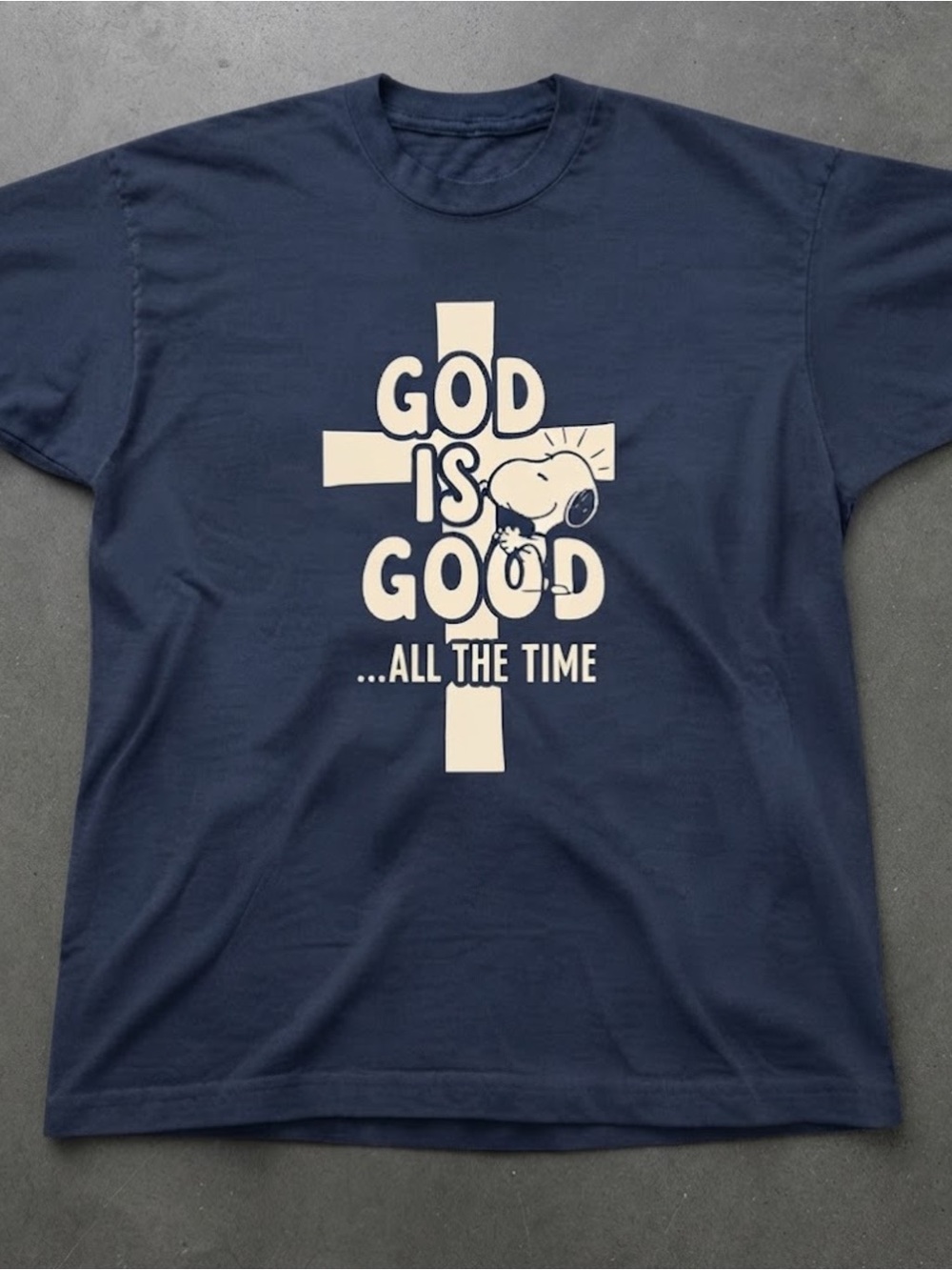 Faith Cross Cartoon Dog Graphic Tee "God Is Good" Navy Gildan T-Shirt